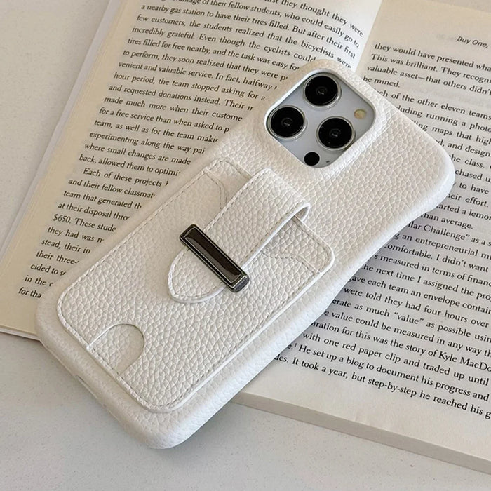 For iPhone 16 Pro Case with Card Slots Litchi Texture Leather + PET Phone Cover - White - 3