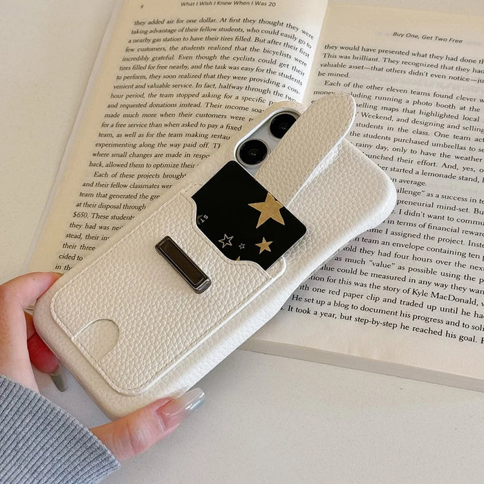 For iPhone 16 Pro Case with Card Slots Litchi Texture Leather + PET Phone Cover - White - 4