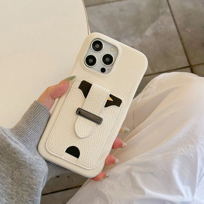 For iPhone 16 Pro Case with Card Slots Litchi Texture Leather + PET Phone Cover - White - 6
