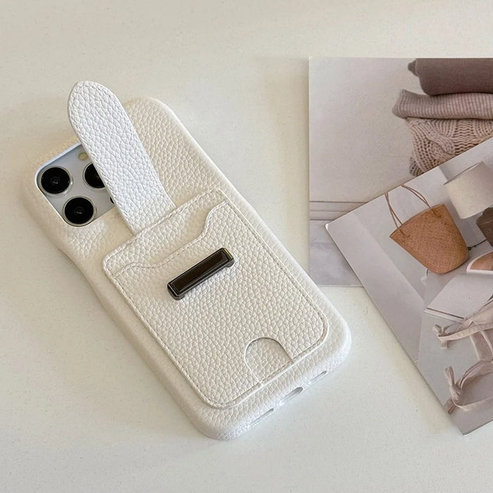 For iPhone 16 Pro Case with Card Slots Litchi Texture Leather + PET Phone Cover - White - 7