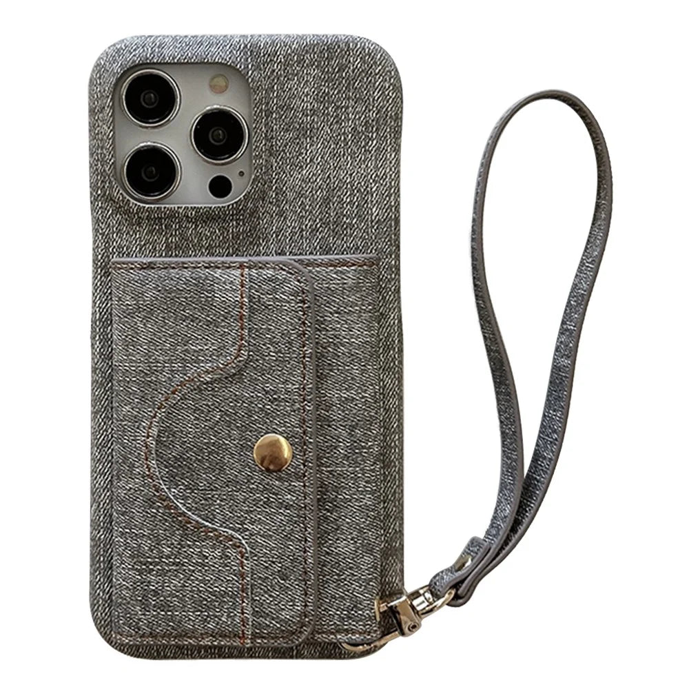 For iPhone 16 Pro Max Case Card Slots Mirror Design Jeans Cloth Texture PU Leather Back Cover with Strap - Grey - 1
