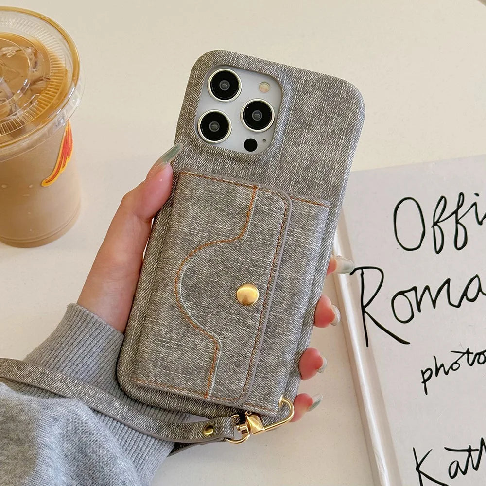 For iPhone 16 Pro Max Case Card Slots Mirror Design Jeans Cloth Texture PU Leather Back Cover with Strap - Grey - 2