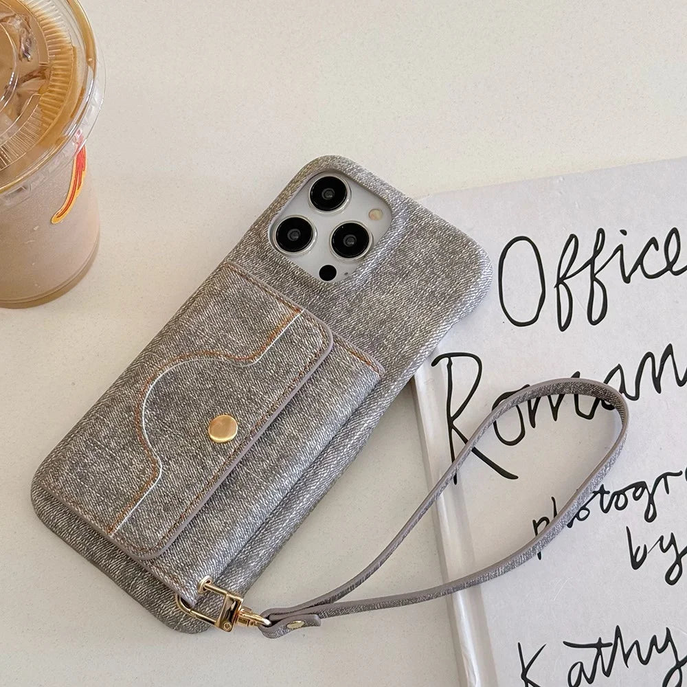 For iPhone 16 Pro Max Case Card Slots Mirror Design Jeans Cloth Texture PU Leather Back Cover with Strap - Grey - 3