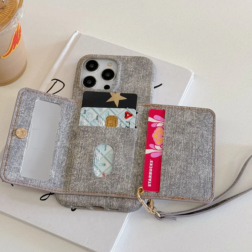 For iPhone 16 Pro Max Case Card Slots Mirror Design Jeans Cloth Texture PU Leather Back Cover with Strap - Grey - 4