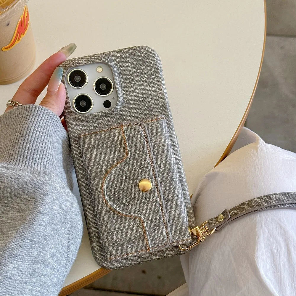 For iPhone 16 Pro Max Case Card Slots Mirror Design Jeans Cloth Texture PU Leather Back Cover with Strap - Grey - 6