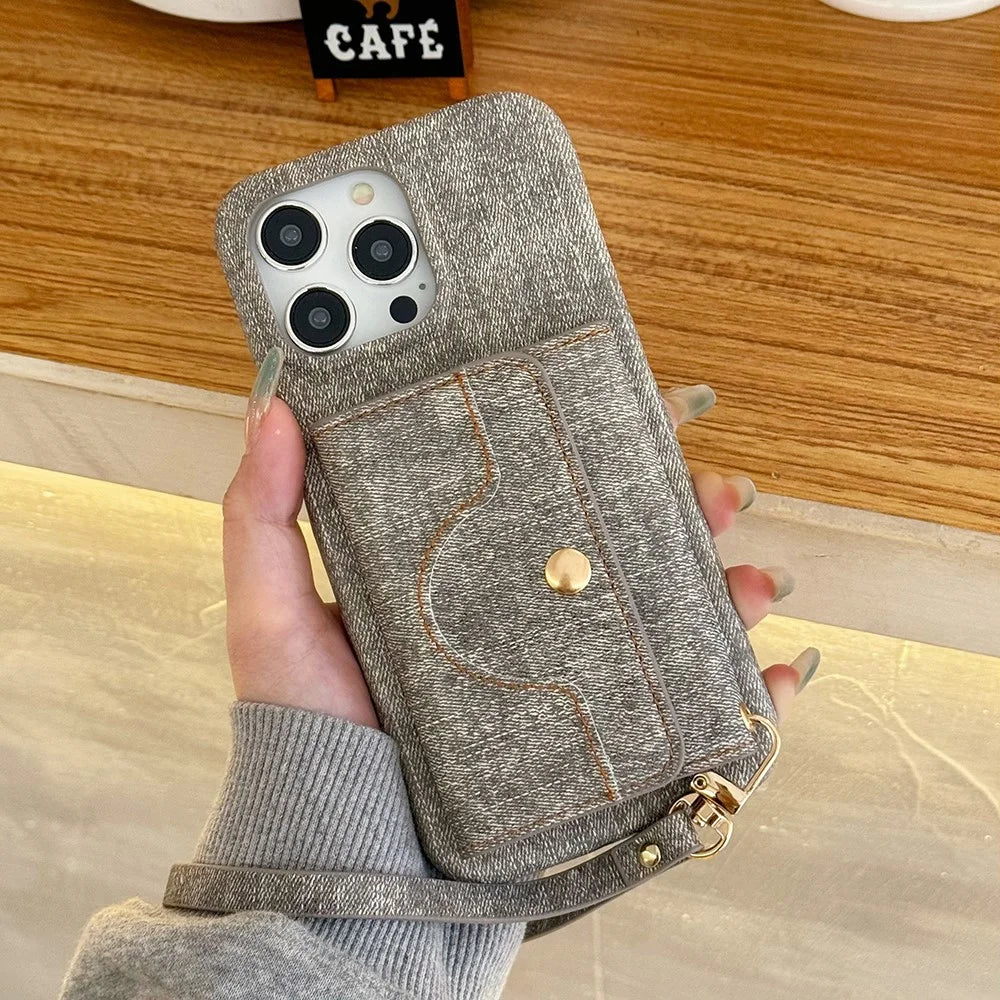 For iPhone 16 Pro Max Case Card Slots Mirror Design Jeans Cloth Texture PU Leather Back Cover with Strap - Grey - 7