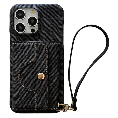 For iPhone 16 Pro Case Card Slots Mirror Design Jeans Cloth Texture PU Leather Back Cover with Strap - Black - 1