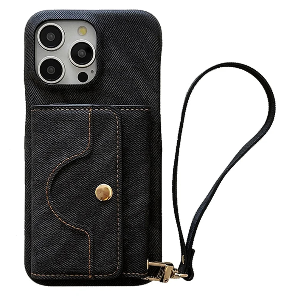 For iPhone 16 Pro Case Card Slots Mirror Design Jeans Cloth Texture PU Leather Back Cover with Strap - Black - 1