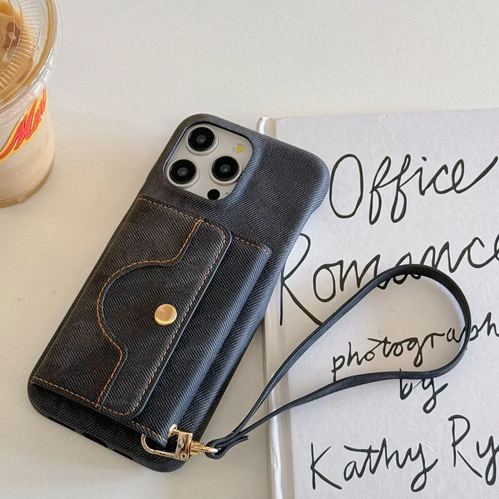 For iPhone 16 Pro Case Card Slots Mirror Design Jeans Cloth Texture PU Leather Back Cover with Strap - Black - 2