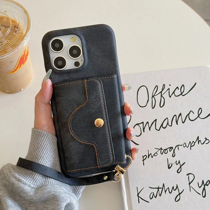 For iPhone 16 Pro Case Card Slots Mirror Design Jeans Cloth Texture PU Leather Back Cover with Strap - Black - 3