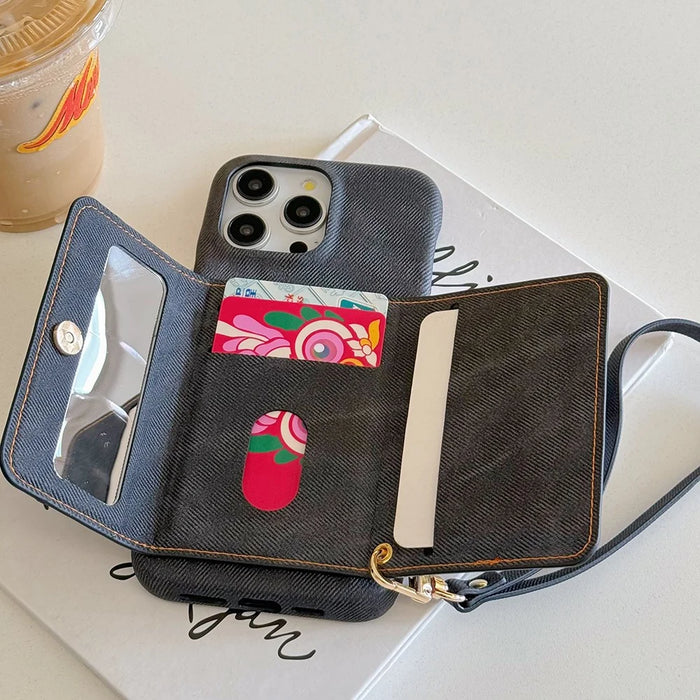 For iPhone 16 Pro Case Card Slots Mirror Design Jeans Cloth Texture PU Leather Back Cover with Strap - Black - 4