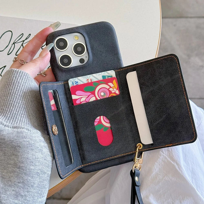 For iPhone 16 Pro Case Card Slots Mirror Design Jeans Cloth Texture PU Leather Back Cover with Strap - Black - 5