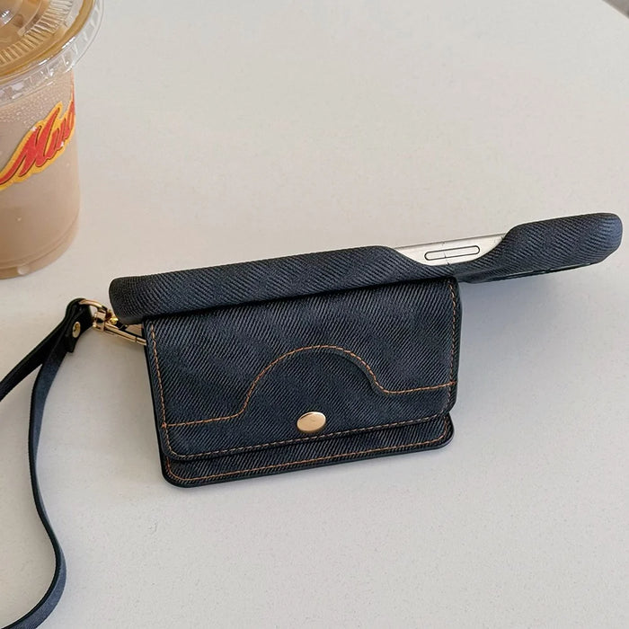 For iPhone 16 Pro Case Card Slots Mirror Design Jeans Cloth Texture PU Leather Back Cover with Strap - Black - 6
