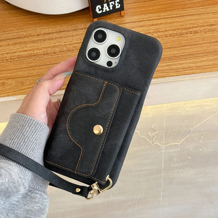 For iPhone 16 Pro Case Card Slots Mirror Design Jeans Cloth Texture PU Leather Back Cover with Strap - Black - 7