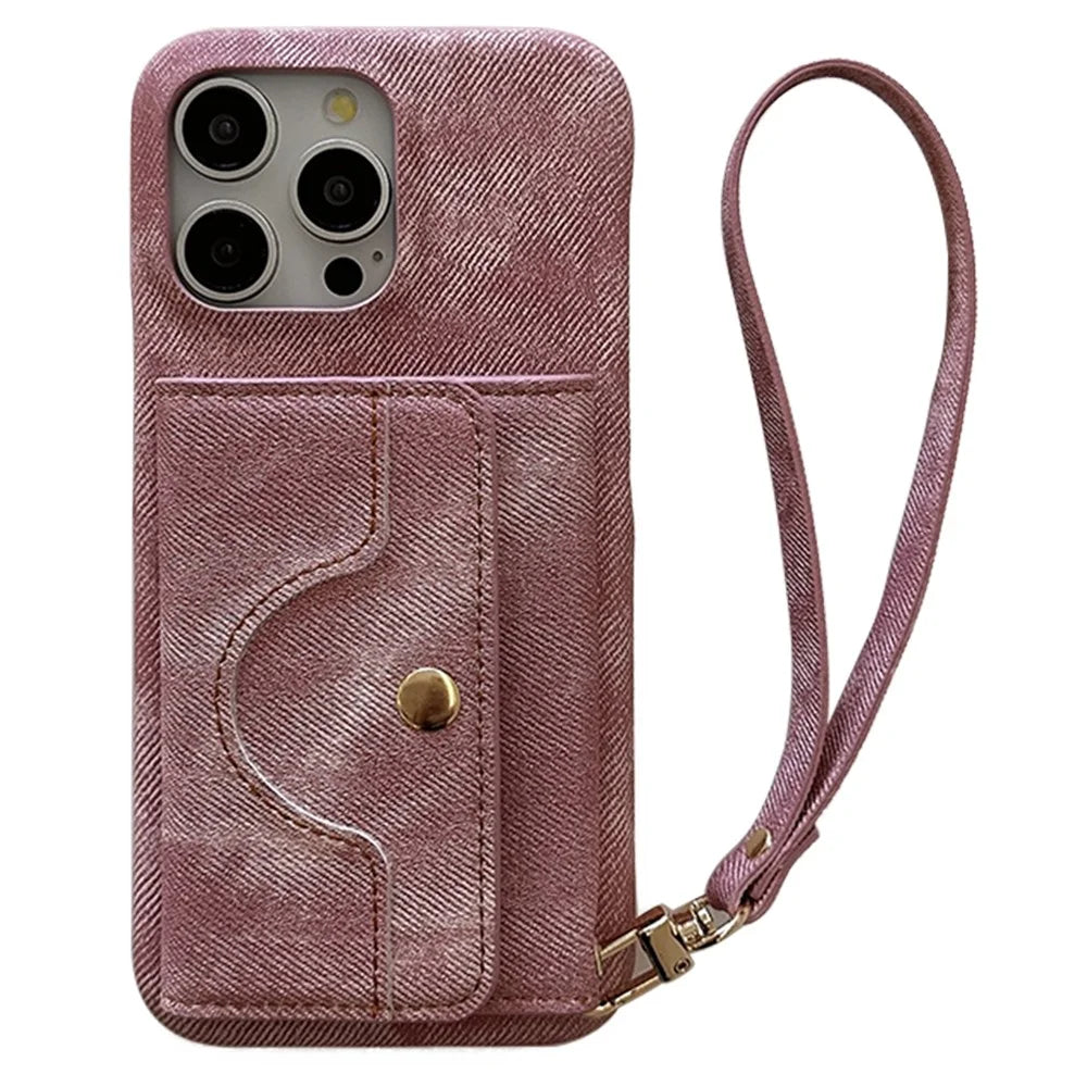 For iPhone 15 Pro Max Case Card Slots Mirror Design Jeans Cloth Texture PU Leather Back Cover with Strap - Pink - 1