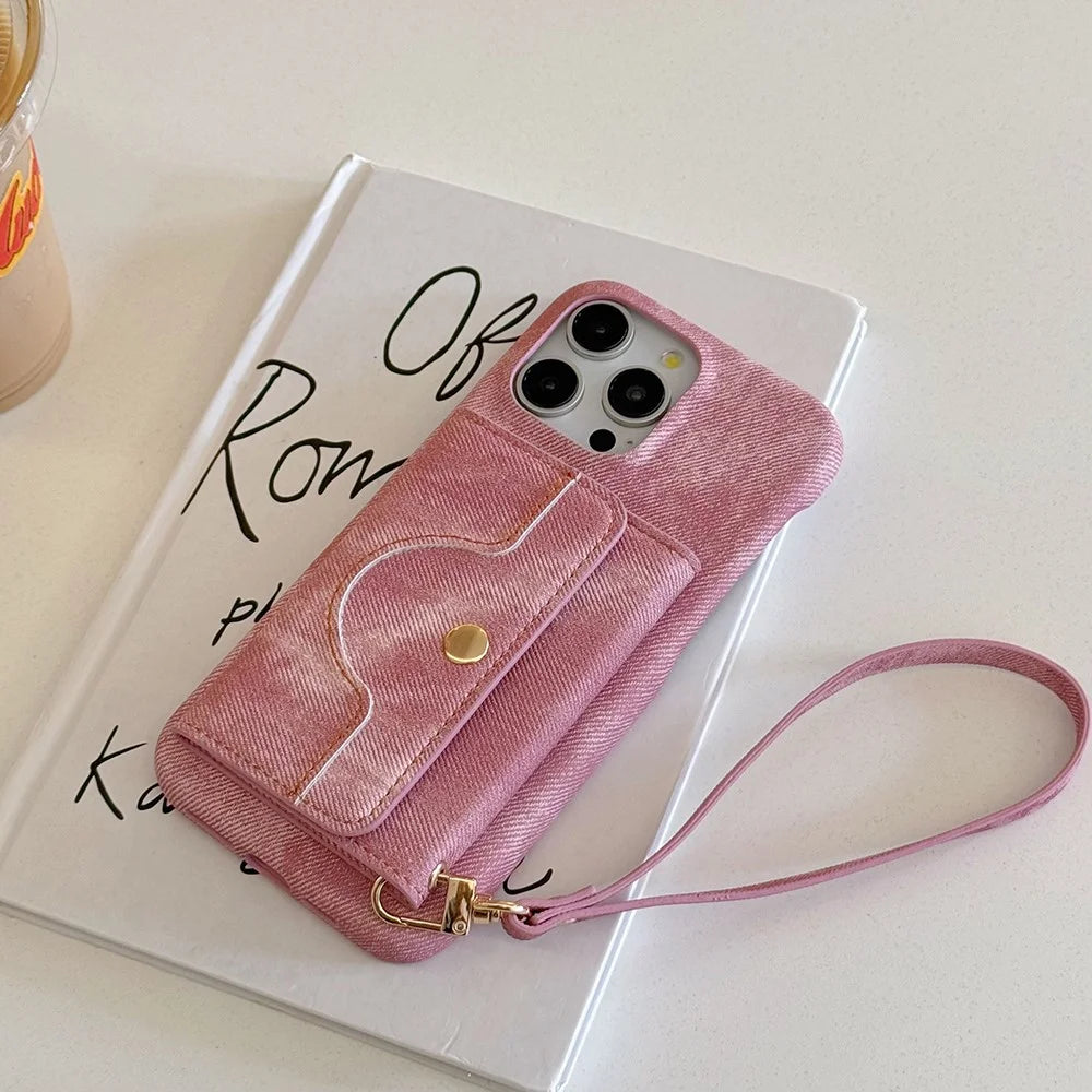 For iPhone 15 Pro Max Case Card Slots Mirror Design Jeans Cloth Texture PU Leather Back Cover with Strap - Pink - 2
