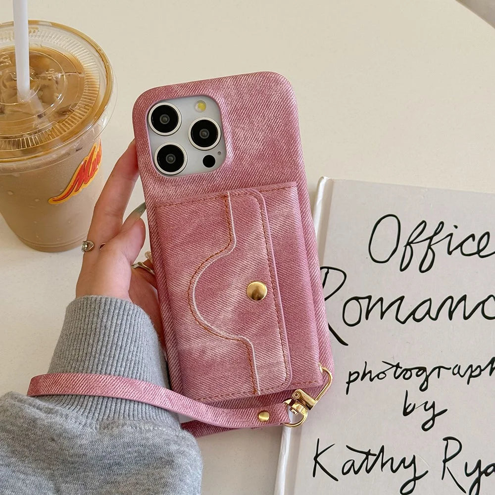 For iPhone 15 Pro Max Case Card Slots Mirror Design Jeans Cloth Texture PU Leather Back Cover with Strap - Pink - 3