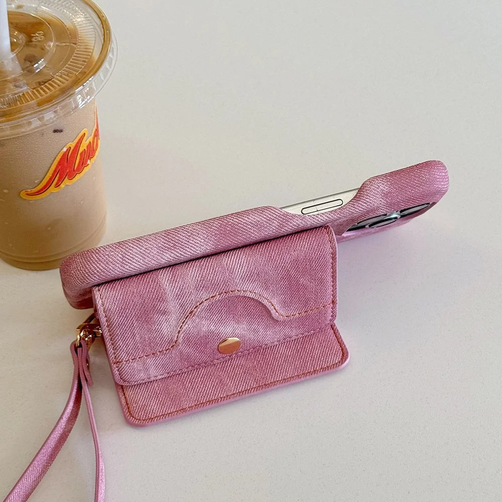 For iPhone 15 Pro Max Case Card Slots Mirror Design Jeans Cloth Texture PU Leather Back Cover with Strap - Pink - 4