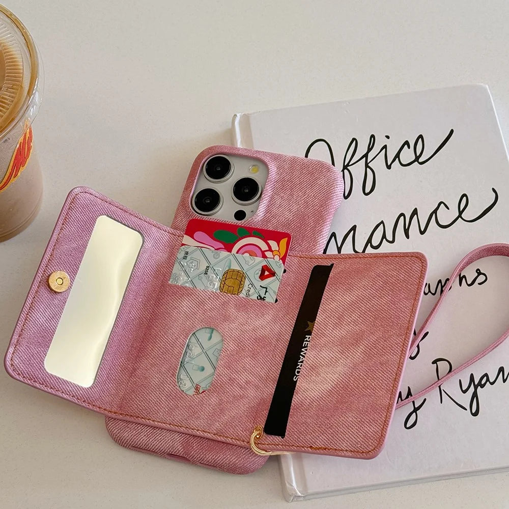 For iPhone 15 Pro Max Case Card Slots Mirror Design Jeans Cloth Texture PU Leather Back Cover with Strap - Pink - 5