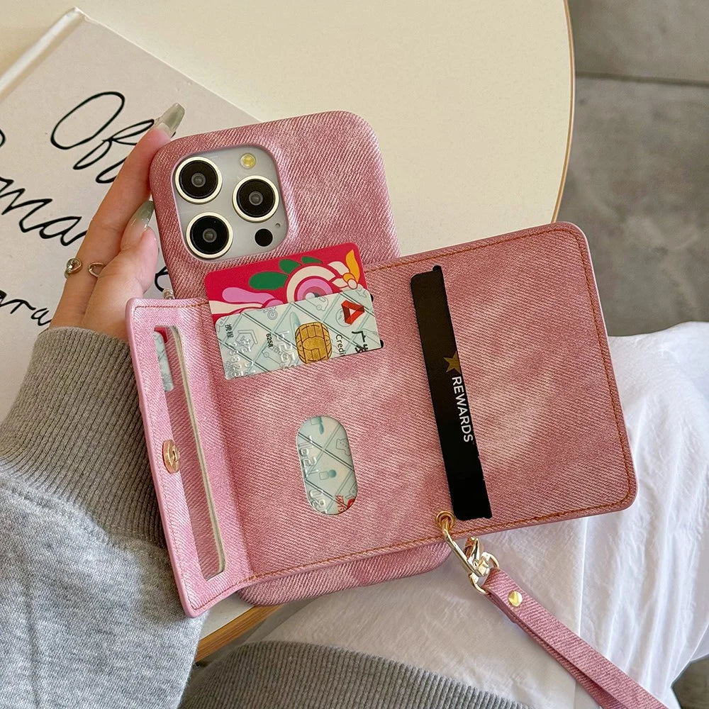 For iPhone 15 Pro Max Case Card Slots Mirror Design Jeans Cloth Texture PU Leather Back Cover with Strap - Pink - 6