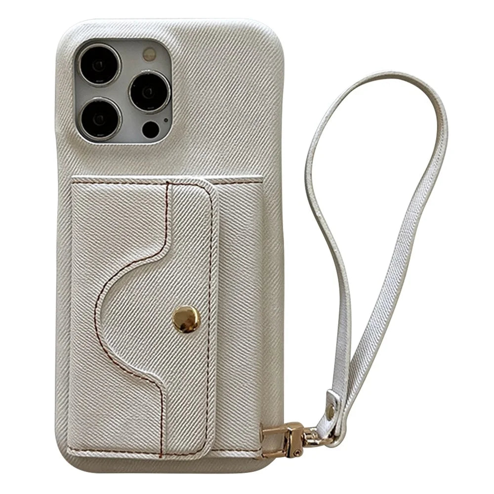 For iPhone 15 Pro Case Card Slots Mirror Design Jeans Cloth Texture PU Leather Back Cover with Strap - White - 1