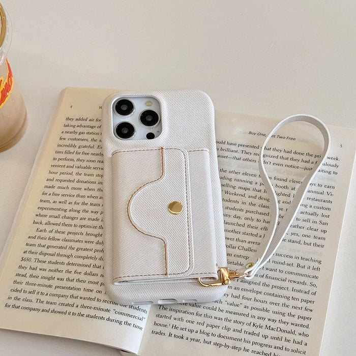 For iPhone 15 Pro Case Card Slots Mirror Design Jeans Cloth Texture PU Leather Back Cover with Strap - White - 2