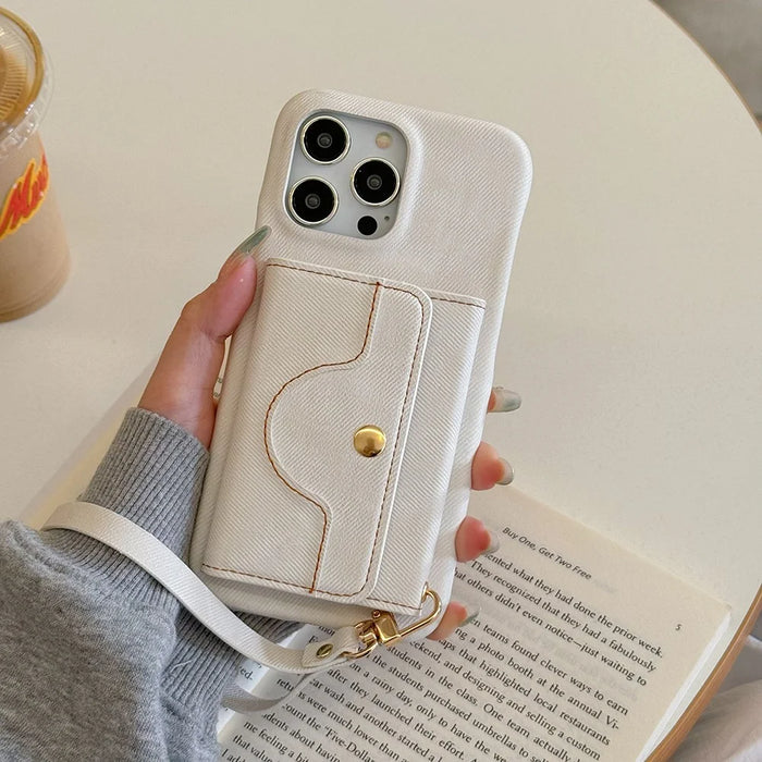 For iPhone 15 Pro Case Card Slots Mirror Design Jeans Cloth Texture PU Leather Back Cover with Strap - White - 3