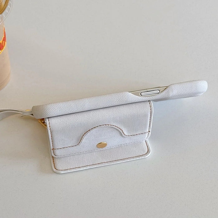 For iPhone 15 Pro Case Card Slots Mirror Design Jeans Cloth Texture PU Leather Back Cover with Strap - White - 4