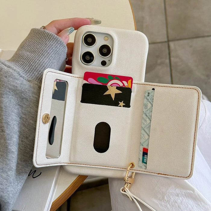For iPhone 15 Pro Case Card Slots Mirror Design Jeans Cloth Texture PU Leather Back Cover with Strap - White - 6