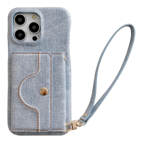 For iPhone 14 Pro Max Case Card Slots Mirror Design Jeans Cloth Texture PU Leather Back Cover with Strap - Baby Blue - 1