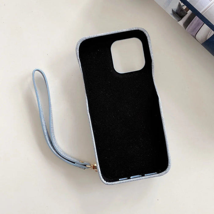 For iPhone 14 Pro Max Case Card Slots Mirror Design Jeans Cloth Texture PU Leather Back Cover with Strap - Baby Blue - 2
