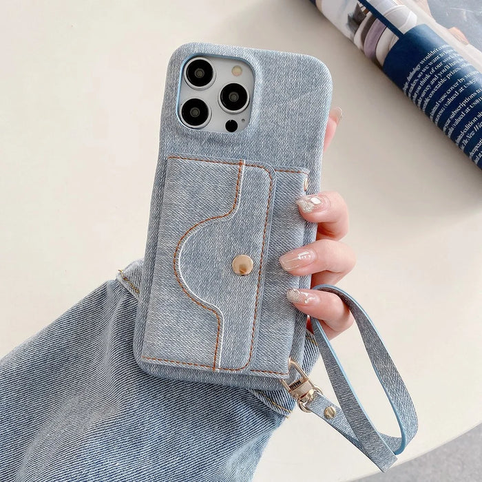 For iPhone 14 Pro Max Case Card Slots Mirror Design Jeans Cloth Texture PU Leather Back Cover with Strap - Baby Blue - 3