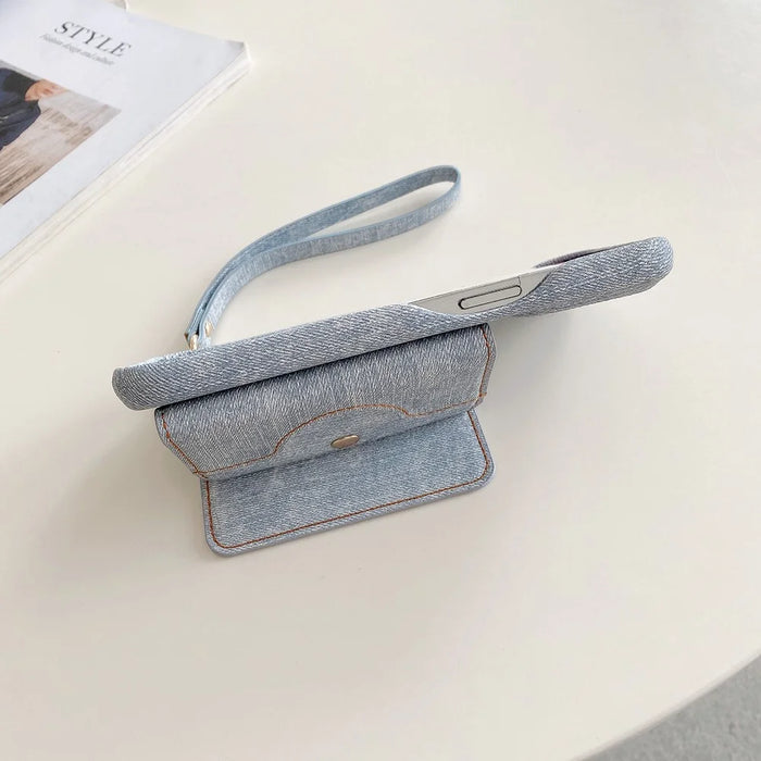 For iPhone 14 Pro Max Case Card Slots Mirror Design Jeans Cloth Texture PU Leather Back Cover with Strap - Baby Blue - 4