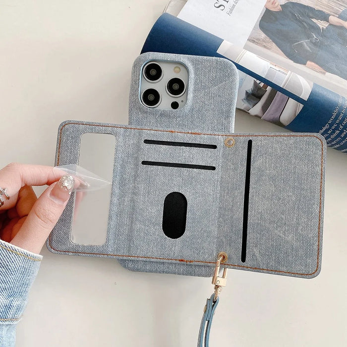 For iPhone 14 Pro Max Case Card Slots Mirror Design Jeans Cloth Texture PU Leather Back Cover with Strap - Baby Blue - 5