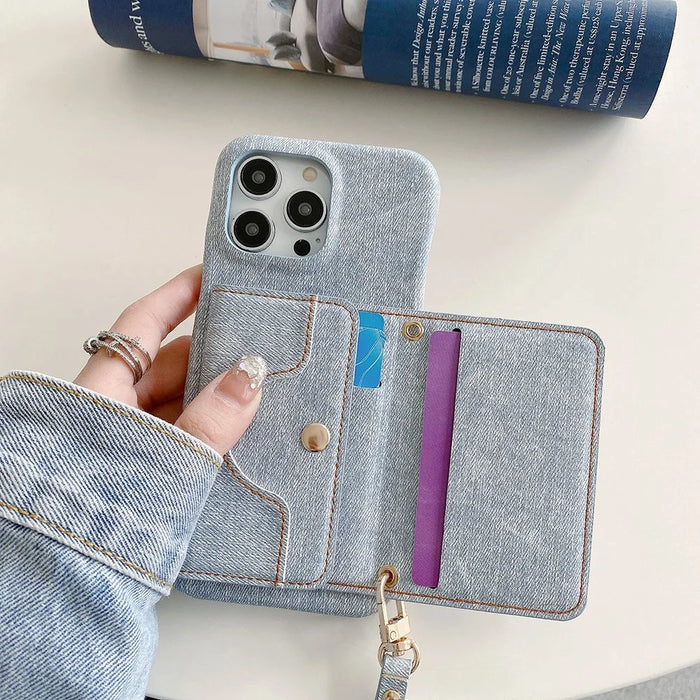 For iPhone 14 Pro Max Case Card Slots Mirror Design Jeans Cloth Texture PU Leather Back Cover with Strap - Baby Blue - 6