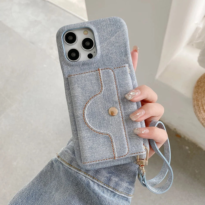 For iPhone 14 Pro Max Case Card Slots Mirror Design Jeans Cloth Texture PU Leather Back Cover with Strap - Baby Blue - 7