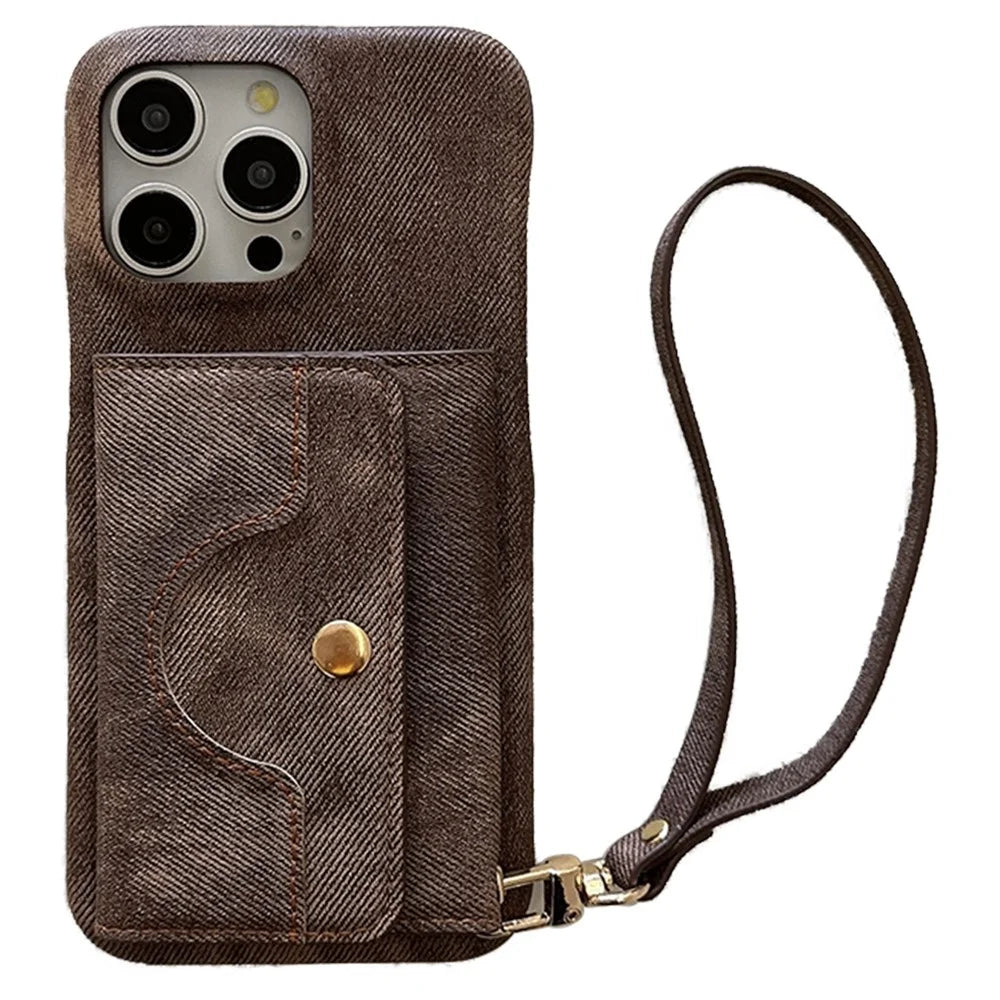 For iPhone 14 Pro Case Card Slots Mirror Design Jeans Cloth Texture PU Leather Back Cover with Strap - Light Brown - 1