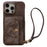 For iPhone 14 Pro Case Card Slots Mirror Design Jeans Cloth Texture PU Leather Back Cover with Strap - Light Brown - 1