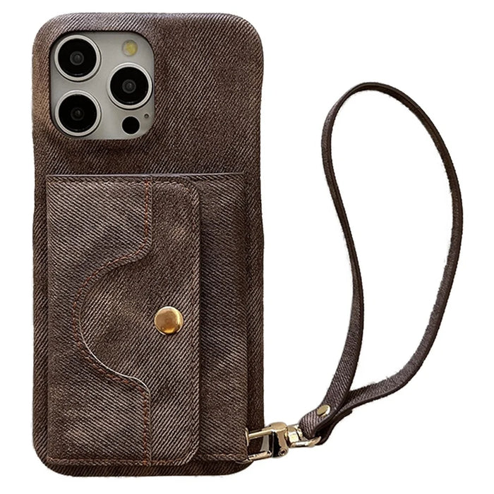 For iPhone 14 Pro Case Card Slots Mirror Design Jeans Cloth Texture PU Leather Back Cover with Strap - Light Brown - 1