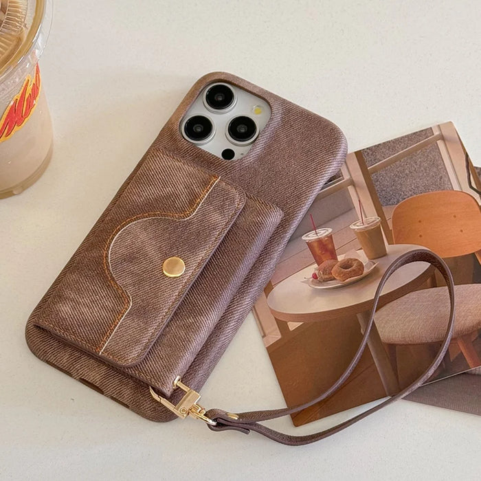 For iPhone 14 Pro Case Card Slots Mirror Design Jeans Cloth Texture PU Leather Back Cover with Strap - Light Brown - 2