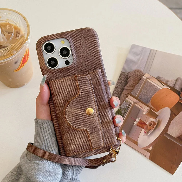 For iPhone 14 Pro Case Card Slots Mirror Design Jeans Cloth Texture PU Leather Back Cover with Strap - Light Brown - 3