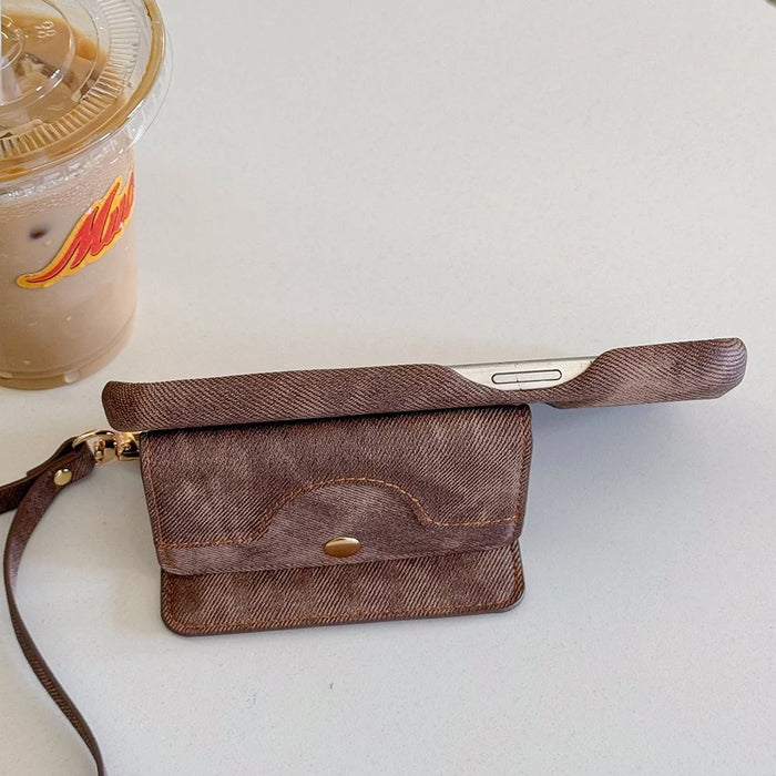 For iPhone 14 Pro Case Card Slots Mirror Design Jeans Cloth Texture PU Leather Back Cover with Strap - Light Brown - 4