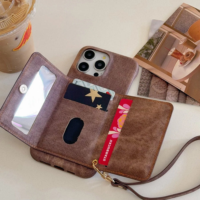 For iPhone 14 Pro Case Card Slots Mirror Design Jeans Cloth Texture PU Leather Back Cover with Strap - Light Brown - 5