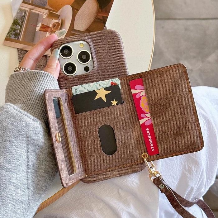 For iPhone 14 Pro Case Card Slots Mirror Design Jeans Cloth Texture PU Leather Back Cover with Strap - Light Brown - 6