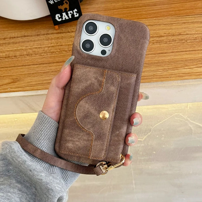 For iPhone 14 Pro Case Card Slots Mirror Design Jeans Cloth Texture PU Leather Back Cover with Strap - Light Brown - 7