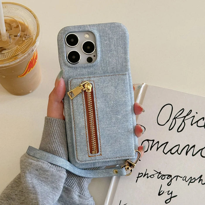 For iPhone 14 Pro Case Zipper Card Holder Kickstand Jeans Cloth Texture PU Leather Back Cover with Strap - 2