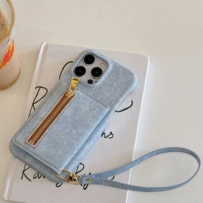 For iPhone 14 Pro Case Zipper Card Holder Kickstand Jeans Cloth Texture PU Leather Back Cover with Strap - 3