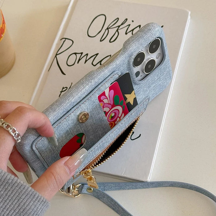 For iPhone 14 Pro Case Zipper Card Holder Kickstand Jeans Cloth Texture PU Leather Back Cover with Strap - 7