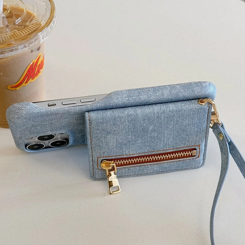 For iPhone 16 Pro Max Case Zipper Card Holder Kickstand Jeans Cloth Texture PU Leather Back Cover with Strap - 4