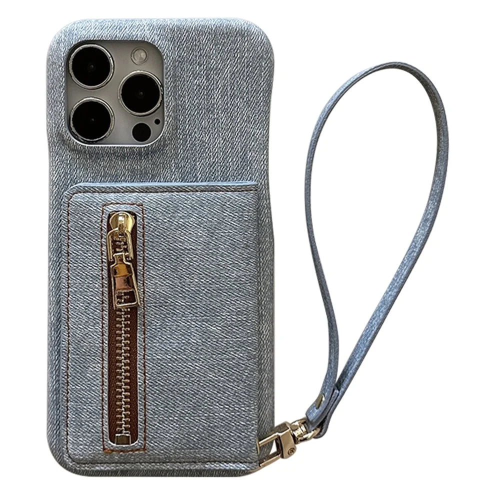 For iPhone 15 Pro Case Zipper Card Holder Kickstand Jeans Cloth Texture PU Leather Back Cover with Strap - 1